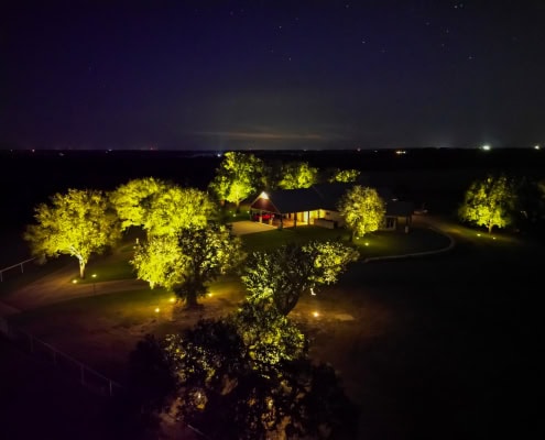 Night view of outdoor lighting illuminating trees and pathways in a landscaped area, showcasing Lumos Outdoor Lighting's landscape lighting solutions.